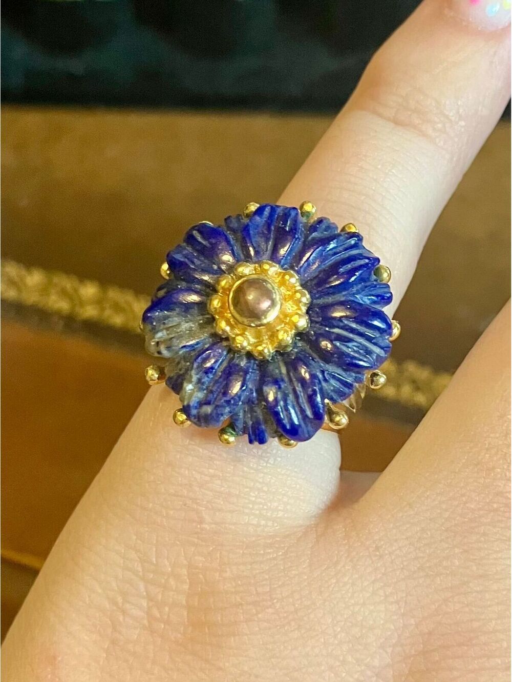 Sz 5 Gold over Sterling Silver Carved Natural Lapis Flower Ring